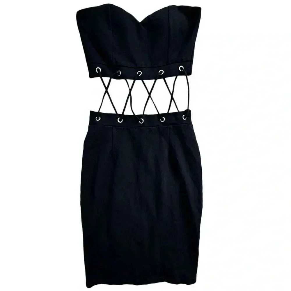Black Mini Cut Out Detail Dress Tub Top Fitted Skirt bodycon, Sexy, Medium - Picture 6 of 12